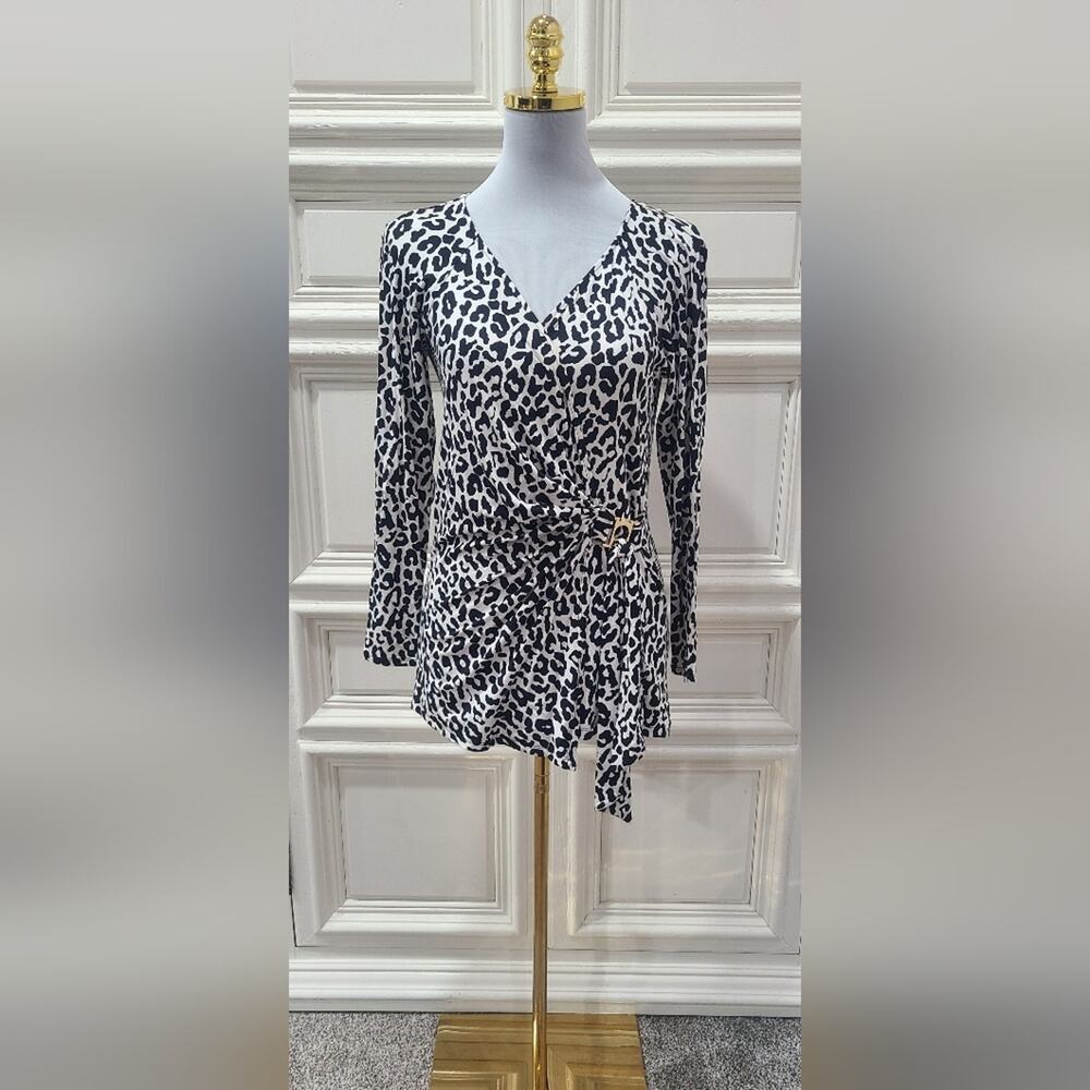 Cache Wrap Top Animal Print White And Black Size M